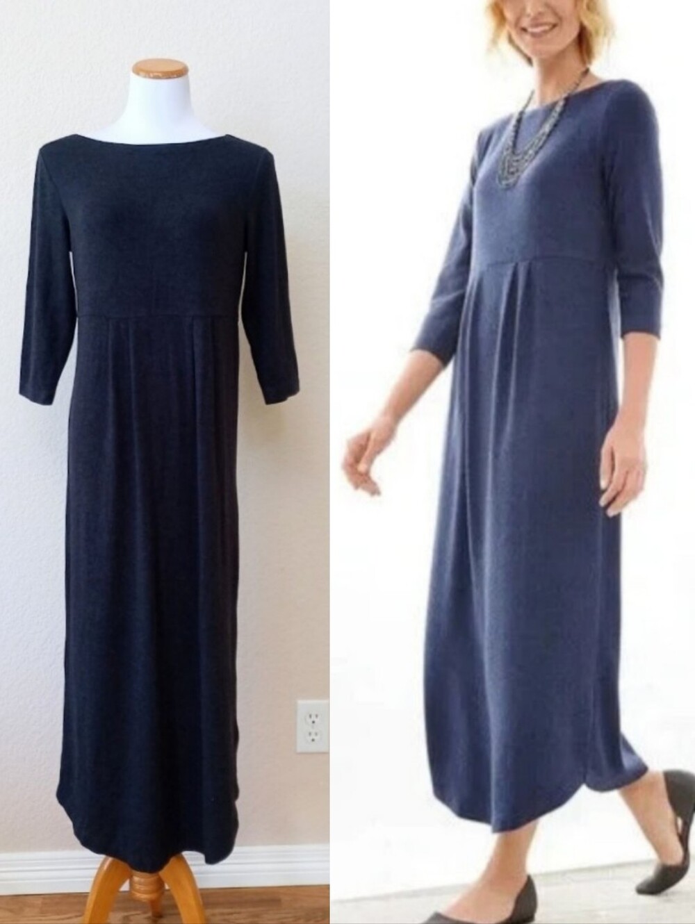 J. Jill charcoal gray modal and wool blend maxi dress with three-quarter sleeves